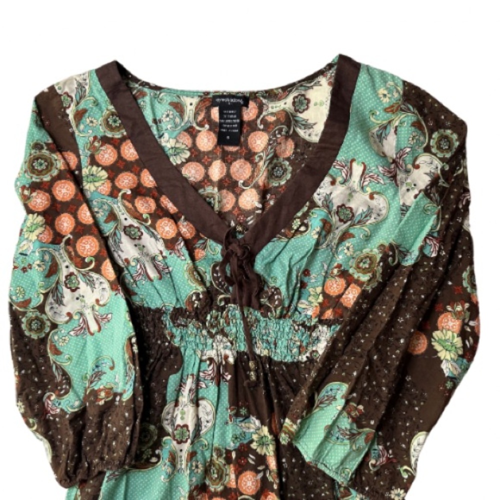 Eyeshadow Women’s Empire Waist Boho Dress Brown Teal Orange Size Small